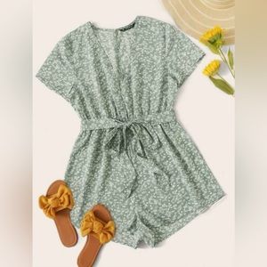 Plunging Ditsy Floral Belted Romper